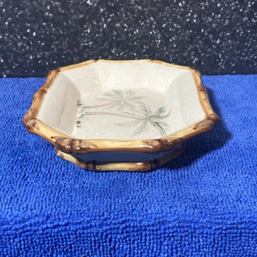 Vintage Springmaid Ceramic Soap Dish With Bamboo Trim & Palm Tree Design